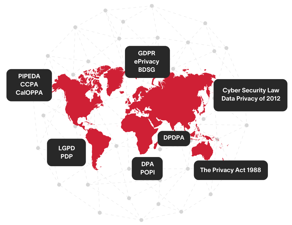 World map highlighting global consent and privacy laws such as GDPR, CCPA, PIPEDA, LGPD, POPIA, etc.