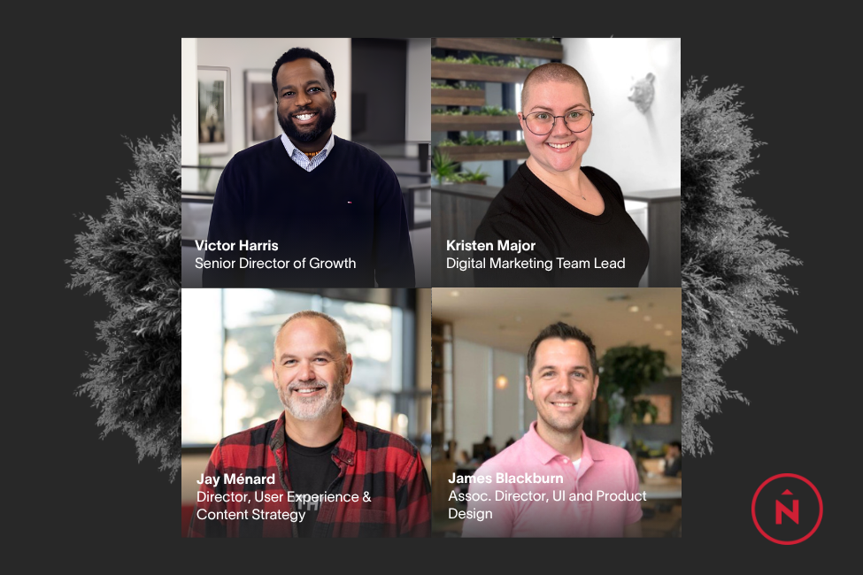 The hosts of AI &amp; Your Content Strategy on a gray backdrop.