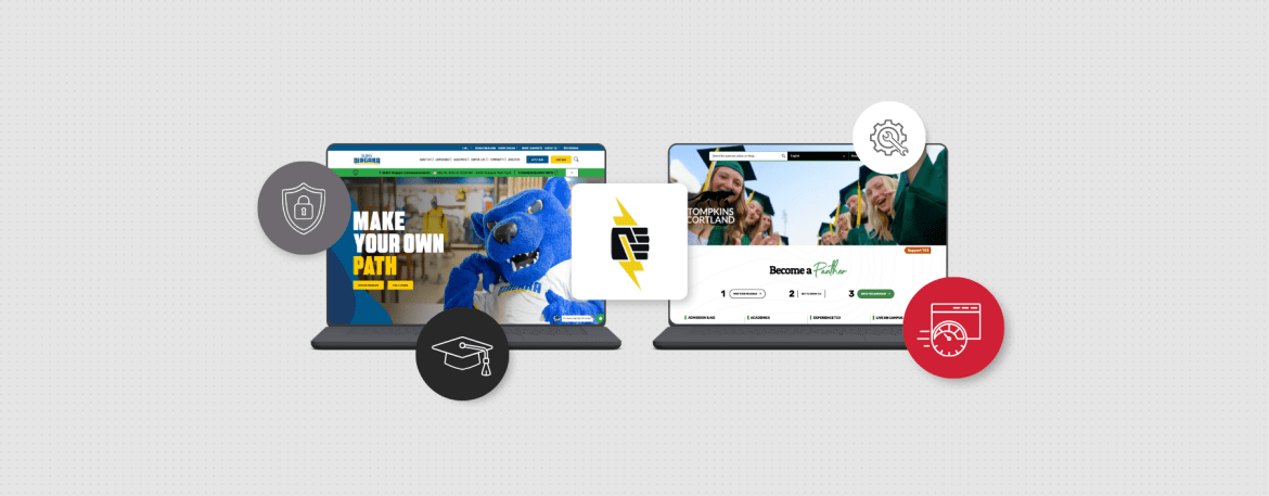 Side-by-side comparison of two redesigned community college websites displaying updated layouts, student testimonials, and educational program pathways with icons representing security, education, and time management