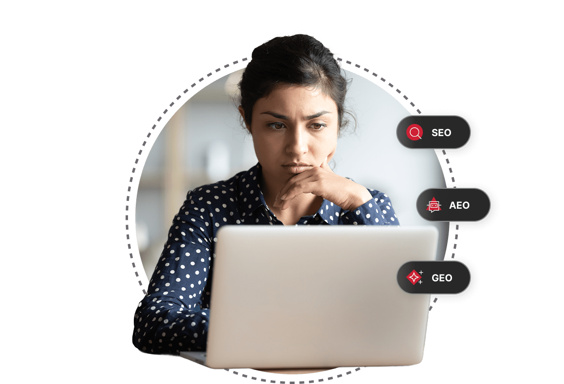 Woman at a laptop with floating labels for SEO, AEO, and GEO, representing Northern's unified search and AI visibility approach