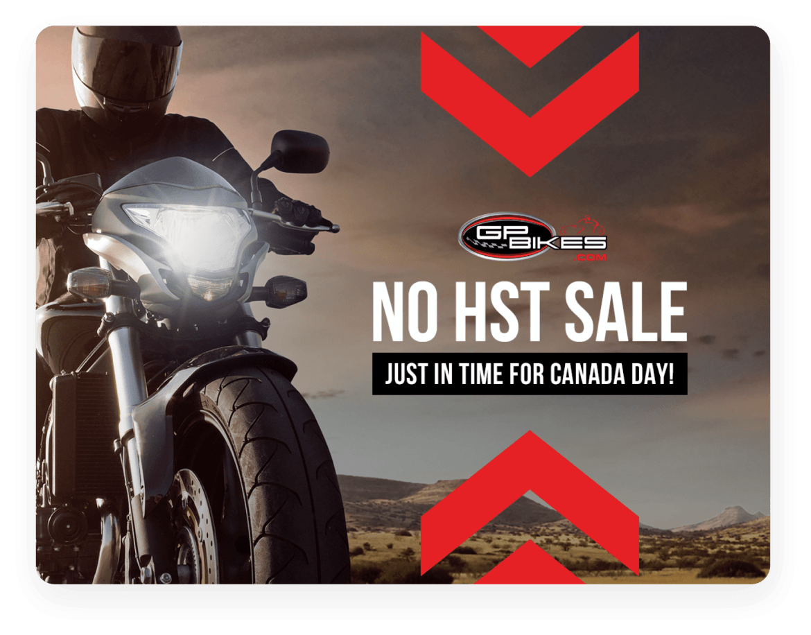no HST sale promotional banner with image of a person riding a motorcycle