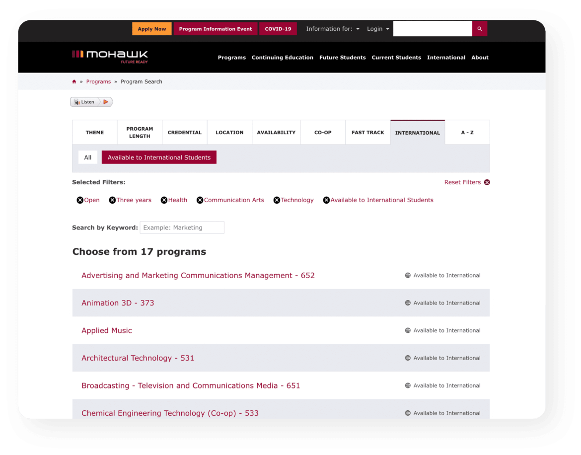 Mohawk global search page.