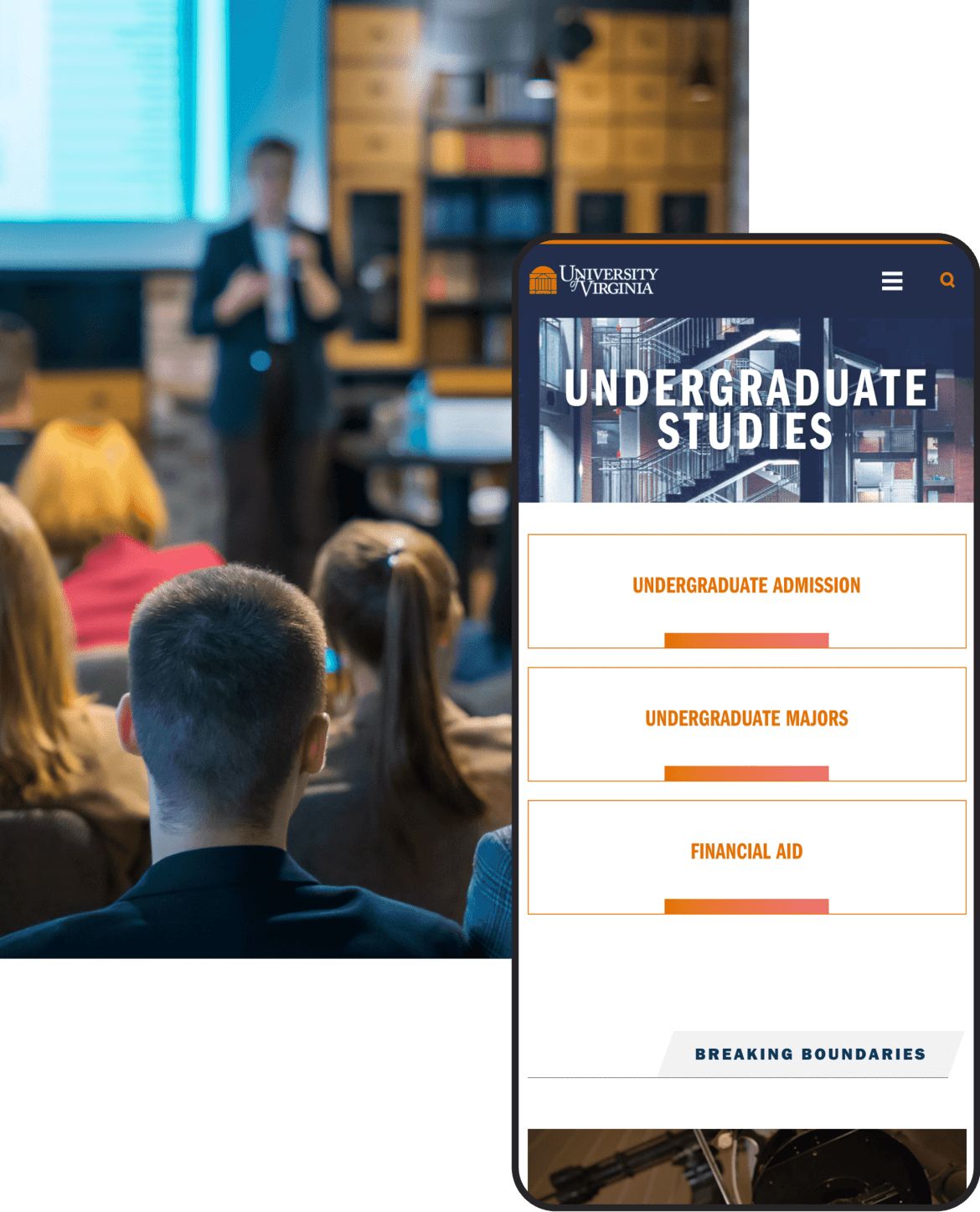 University of Virginia website on phone in front of photo of professor and students