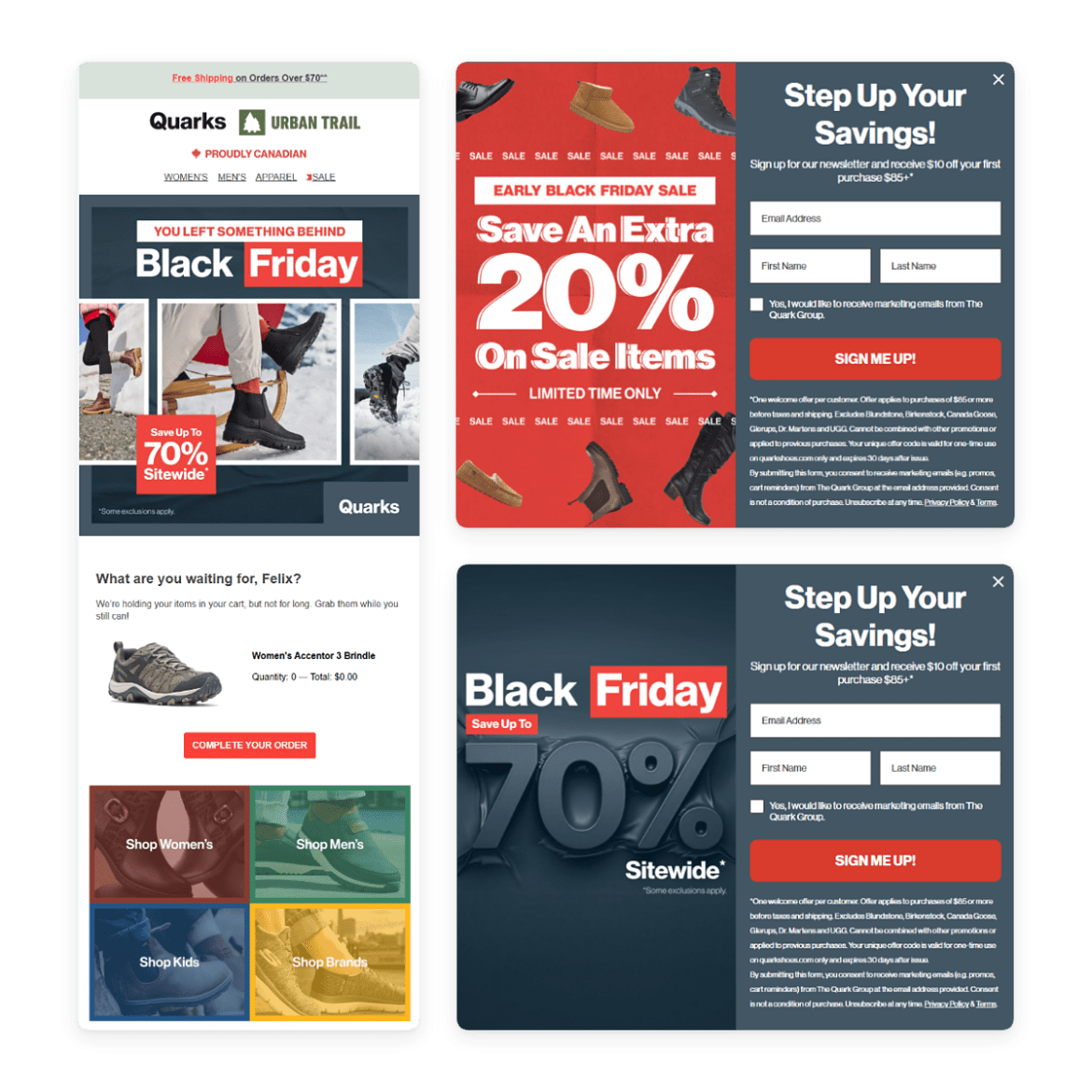 Three Quarks Klaviyo assets: a Black Friday cart abandonment email showing boots and shop-by-category blocks, beside two on-site sign-up forms offering $10 off a first purchase