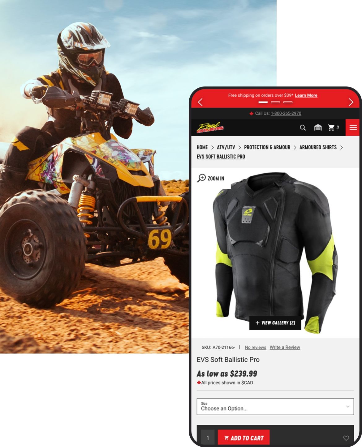 person riding a 4wheeler and a phone mockup displaying a product detail page of the Royal Distributing website
