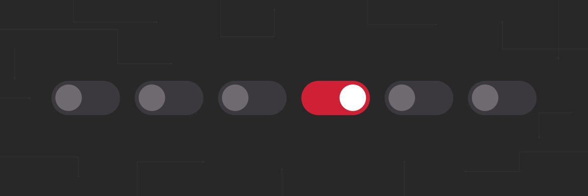 A row of six toggle switches on a dark background, five switched off in grey and one switched on in red, representing consent settings under Canada's Bill C-36.