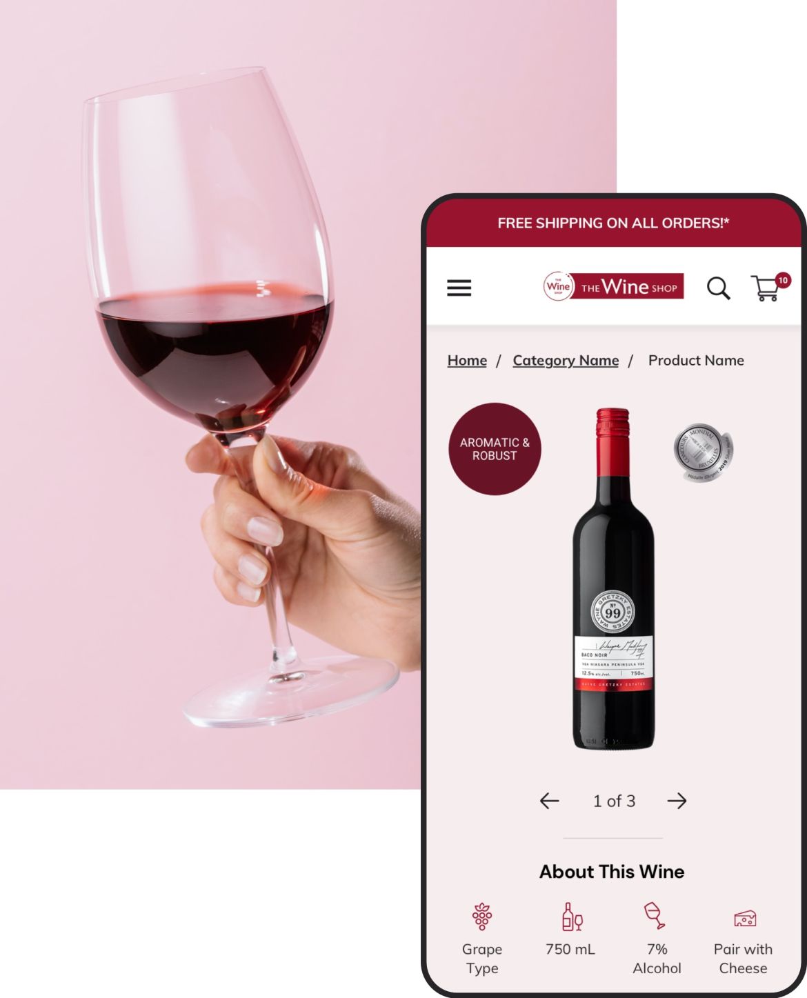 red wine glass and a phone mockup displaying a product detail page for The Wine Shop ecommerce store