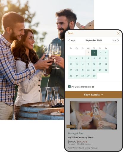 group of people drinking wine outside with a phone mockup of the online booking system from the website