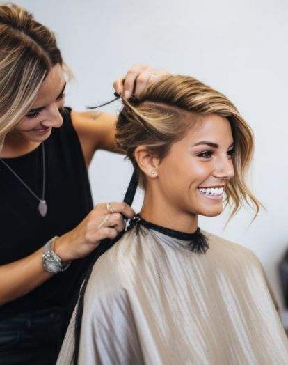 A stylist sections a smiling client's hair during a cut at a salon.