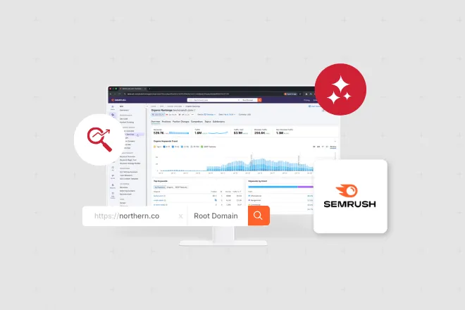 A desktop computer displaying the Semrush app with icons related to SEO and GEO.