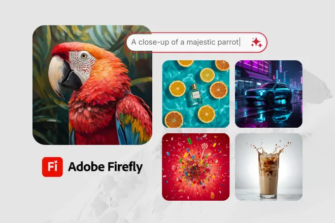 An image of a parrot based on an AI prompt along side other images that were AI prompted.