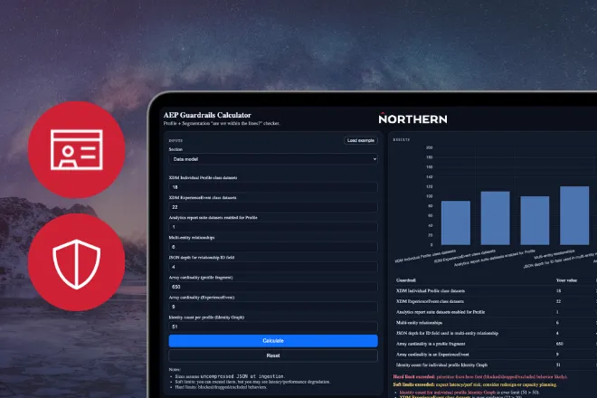 Northern AEP Guardrails Calculator interface displayed on a laptop, showing input fields for Adobe Experience Platform Profile data model values alongside a utilization bar chart and results table with soft and hard limit indicators