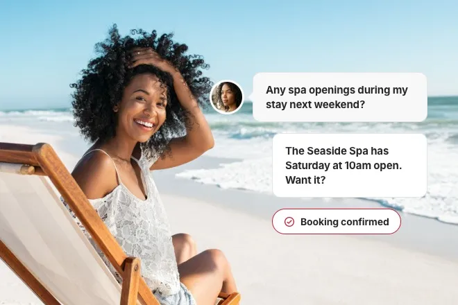 Shopper relaxing at the beach while a Brand Concierge chat finds a spa opening and confirms her booking.