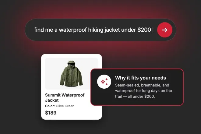 A shopper's natural-language request for a waterproof hiking jacket returns product results and an AI explanation of why they fit.